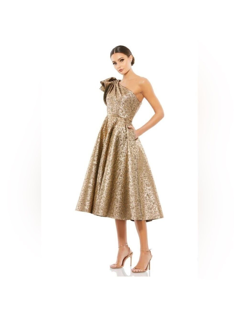 Nwt Mac Duggal One Shoulder Bow Midi Dress in Antique Bronze